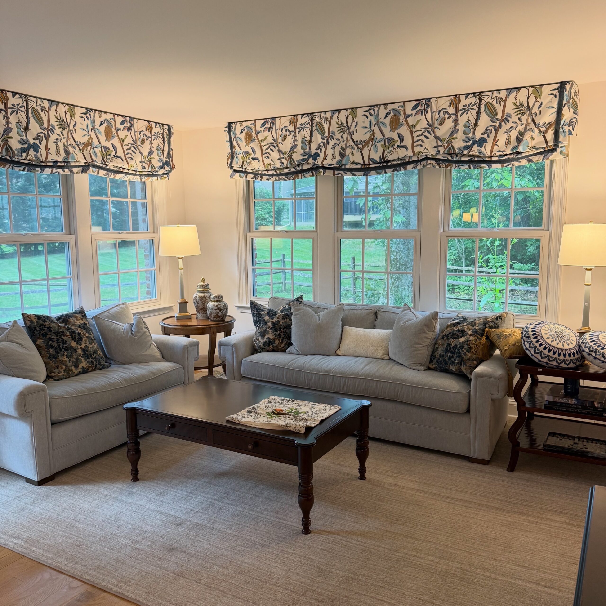 Coordinated sofas, lighting and cushions at the Villanova estate.